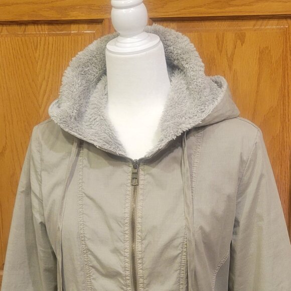 XCVI Light Green Khaki 100% Cotton Ruched Plush Fleece Lined Hooded Jacket Sz L - Picture 5 of 16